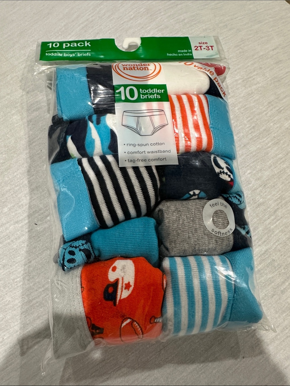 Wonder Nation Toddler Boys 10-Pack Briefs - Blue, Orange, Gray, Black, 2T-3T